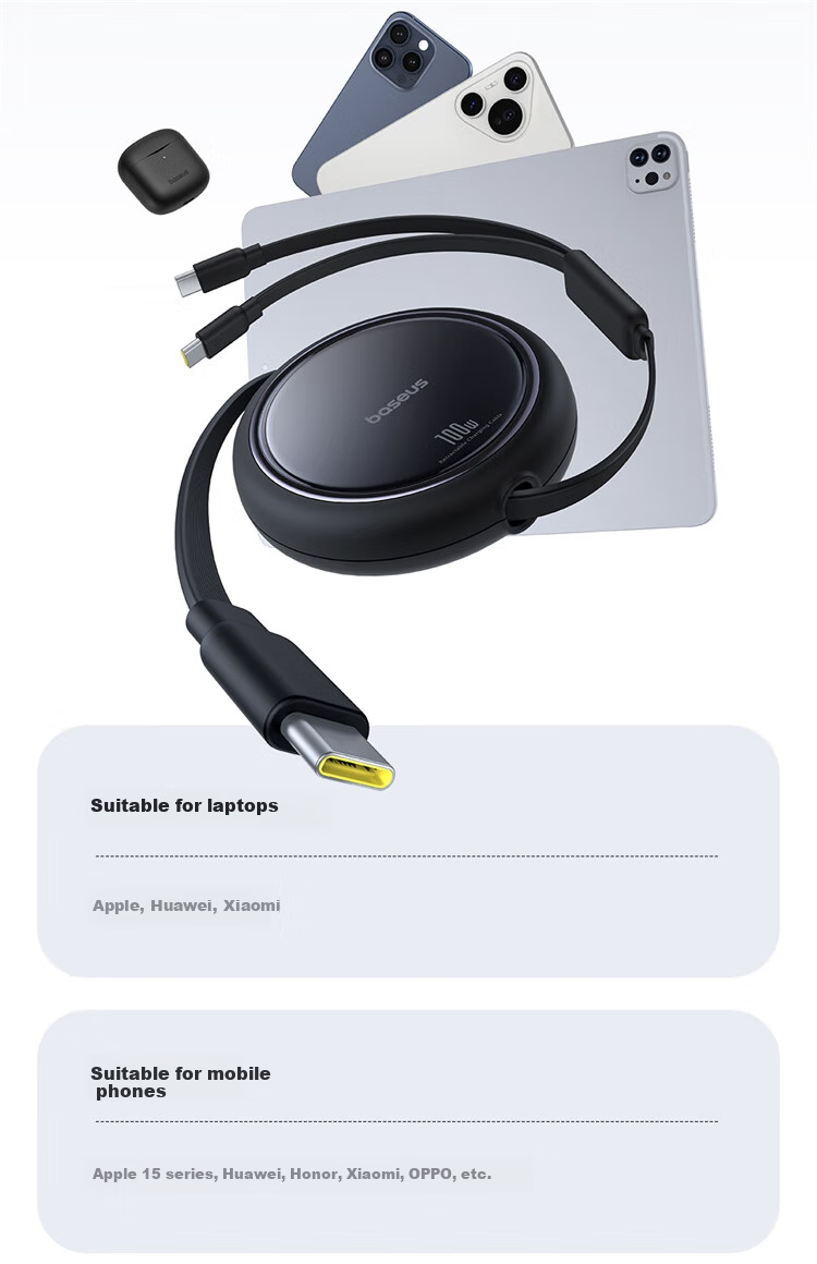 BASEUS Two-In Retractable Data Cable, Type-C to Dual USB-C Fast Charging Cable, Compatible with Apple 15/16/17/18, Xiaomi/Huawei, Car Phone Charger Cable 9