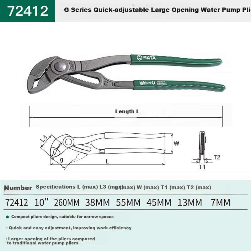 SATA 72412 G Series Quick-Adjust Wide-Mouth Water Pump Pliers, 10", 10 Inches
