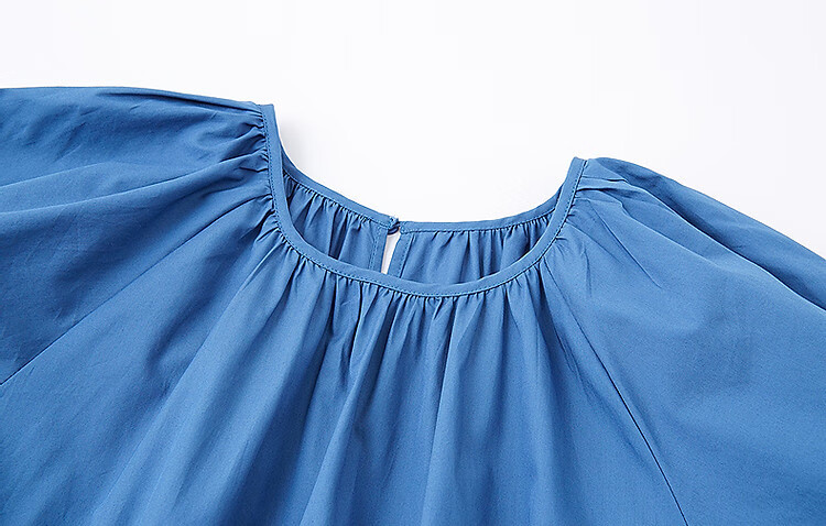 Demana [Klein Blue] Summer French Style Pure Cotton Gathered Loose Waist Puff Sleeve A-line Mid-length Women's Dress 20