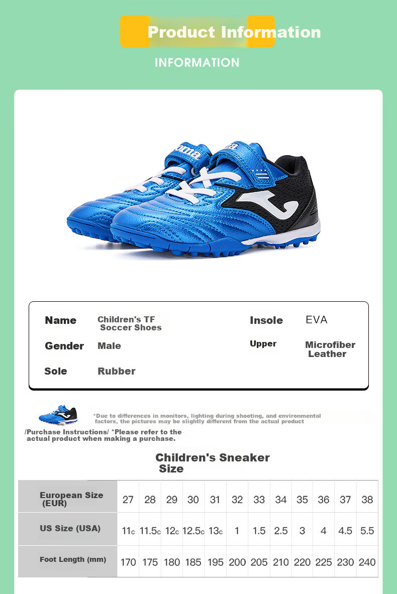JOMA Velcro Children's Soccer Shoes with TF Turf Studs, Youth Elementary School Professional Competition Football Training Shoes, Blue And Black, Size 35 7