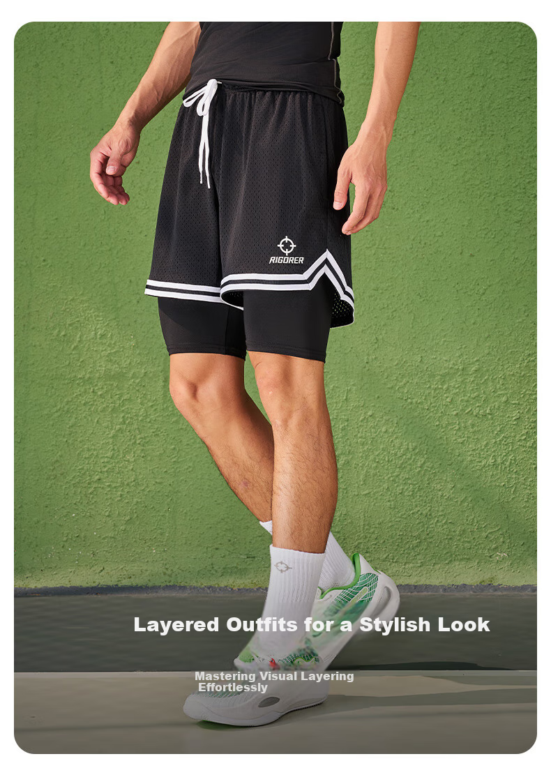 RIGORER Competitive Knitted Knee-Length Shorts for Men And Women, Basketball Shorts, Layered Sports Running Breathable Shorts 4