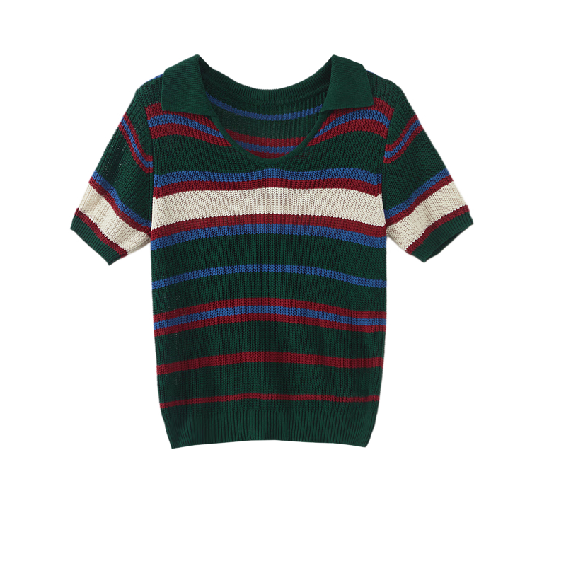 Dme [Tangguo Duoban] Summer Youthful Cool Ice Silk Contrasting Striped V-Neck Sweater Women's Top