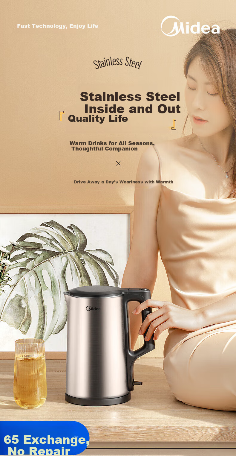 Midea Electric Kettle, Household Use, 1.7L Large Capacity, Double Steel Interior And Exterior, Anti-Scalding, Anti-Dry Burning, Boiling Water Pot, 316L Stainless Steel Inner Tank, Commercial Supermarket Model PJ17A01 1