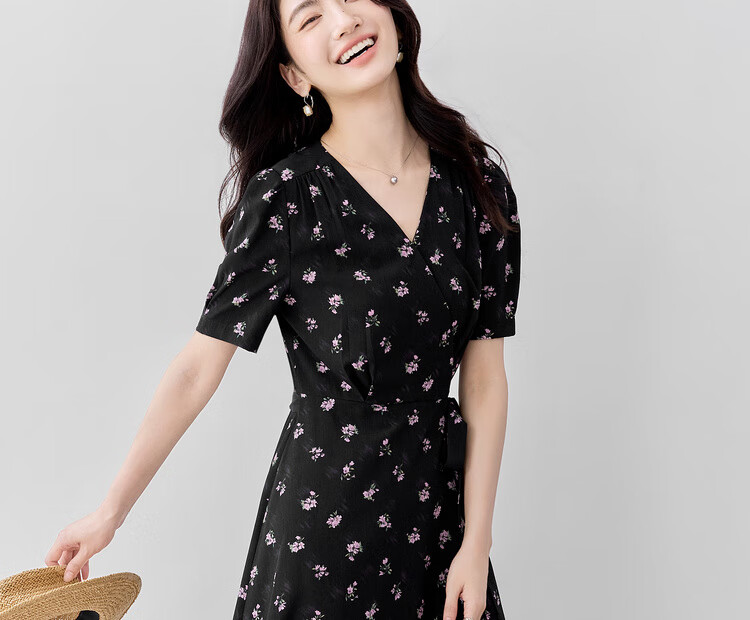 Shangdu Bila V-Neck Short Sleeve Printed Dress Women Summer Waist Slimming Tea Break Floral Elegant Commuter Mid-Length Dress 16