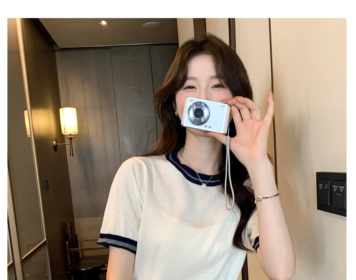 Halo Queen Knitted Short-Sleeve T-Shirt for Women, Round Neck, Contrasting Colors, Fashionable Slimming Top, Contains Wool And Silk, Comfortable Fabric, H52T032 21