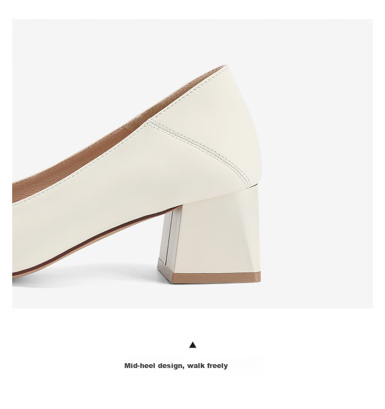 DAPHNE Women's Single Shoes, Summer 2022, Chunky Heel, Shallow Mouth, Small Leather Shoes, French High Heels, Beige, Size 36 6