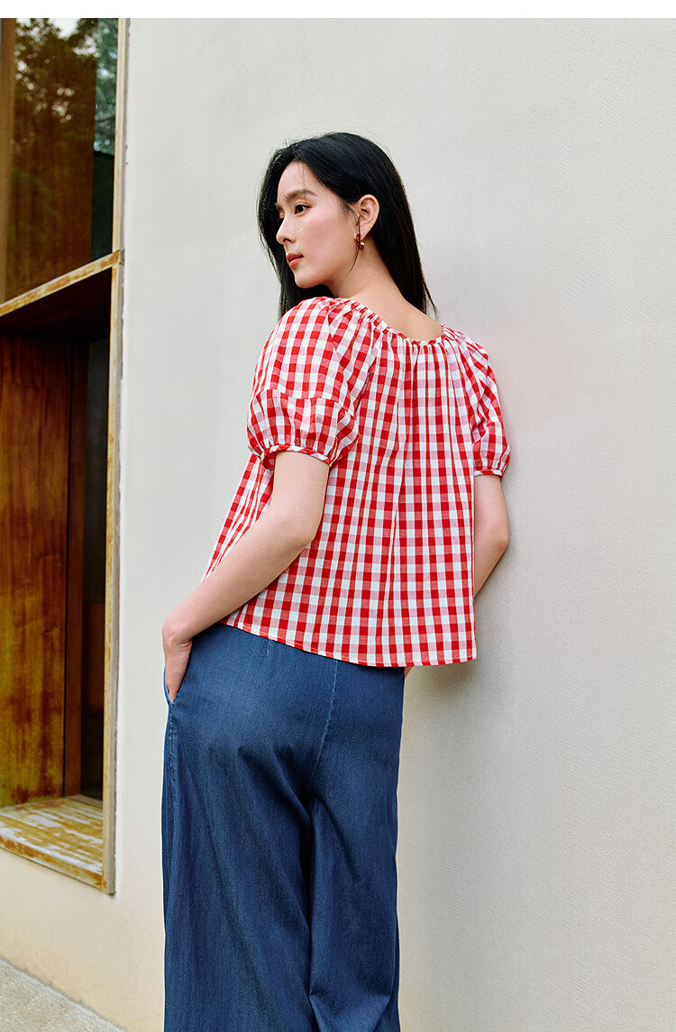 Inman 100% Cotton Sweet Plaid Shirt 2026 Summer New Women's Slim Waist Pleated Blouse Light Blue Plaid L 12