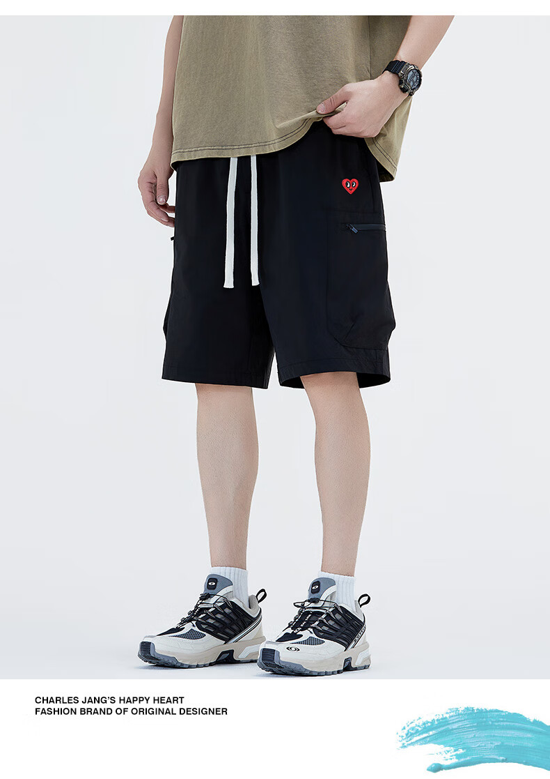 Charles Peach Heart Men's Summer Loose Casual Comfortable Breathable Drawstring Shorts with Large Pockets Black L 11