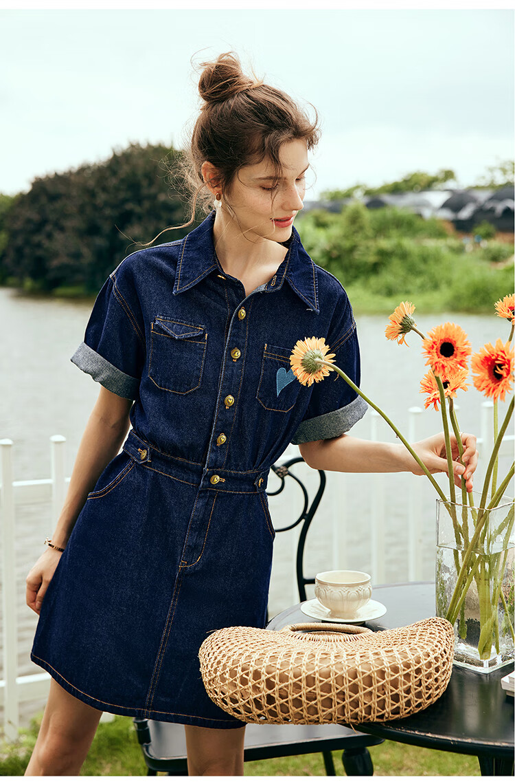 Olrain Short-Sleeve Denim Dress, Summer Women's Wear, Waist-Cinching Slimming Thin Commuter Dress, Light Blue, L 18