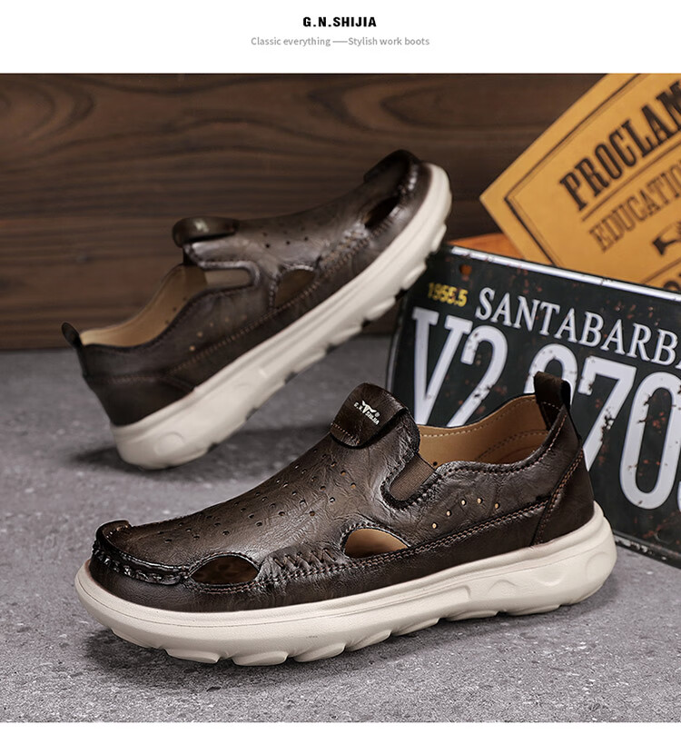 Bull Family Men's Summer Retro Hollow Breathable Beach Sandals Thick Sole Durable Versatile Clogs 16