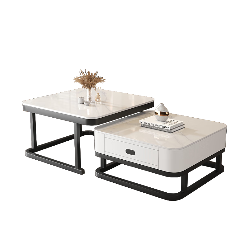 Qianxihuafu Coffee Table, Living Room Side Table for Small Apartments, High-End Light Luxury, 2026 Square Rock Slab Coffee Table, White And White Board