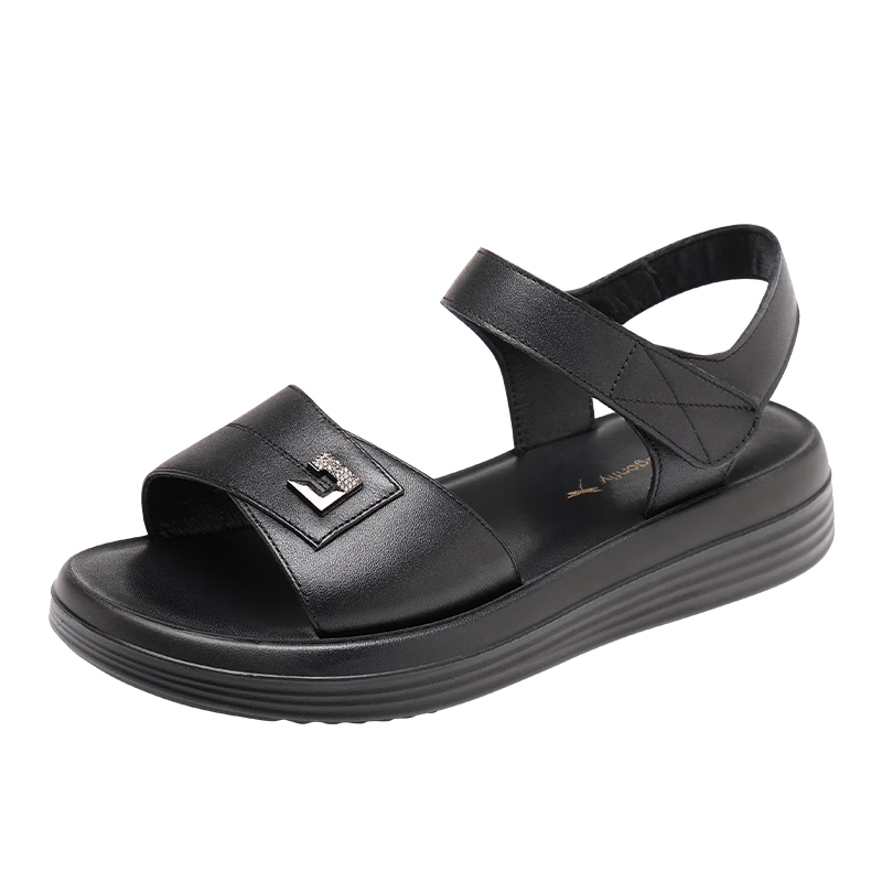 Red Dragonfly Women's Flat Sandals Soft Leather Soft Sole Middle-aged and Elderly Ladies Beach Shoes WTK251521 Black Size 37