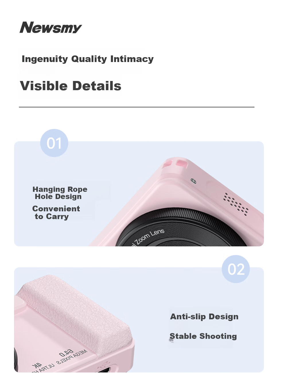 Newsmy N3 Digital Camera, Student-Friendly CCD Alternative, High-Definition Pixel, Campus Photography, Travel Portable, Compact Point-and-Shoot Camera, Entry-Level Camera, Birthday Gift for Girls, 128GB, Pink 16