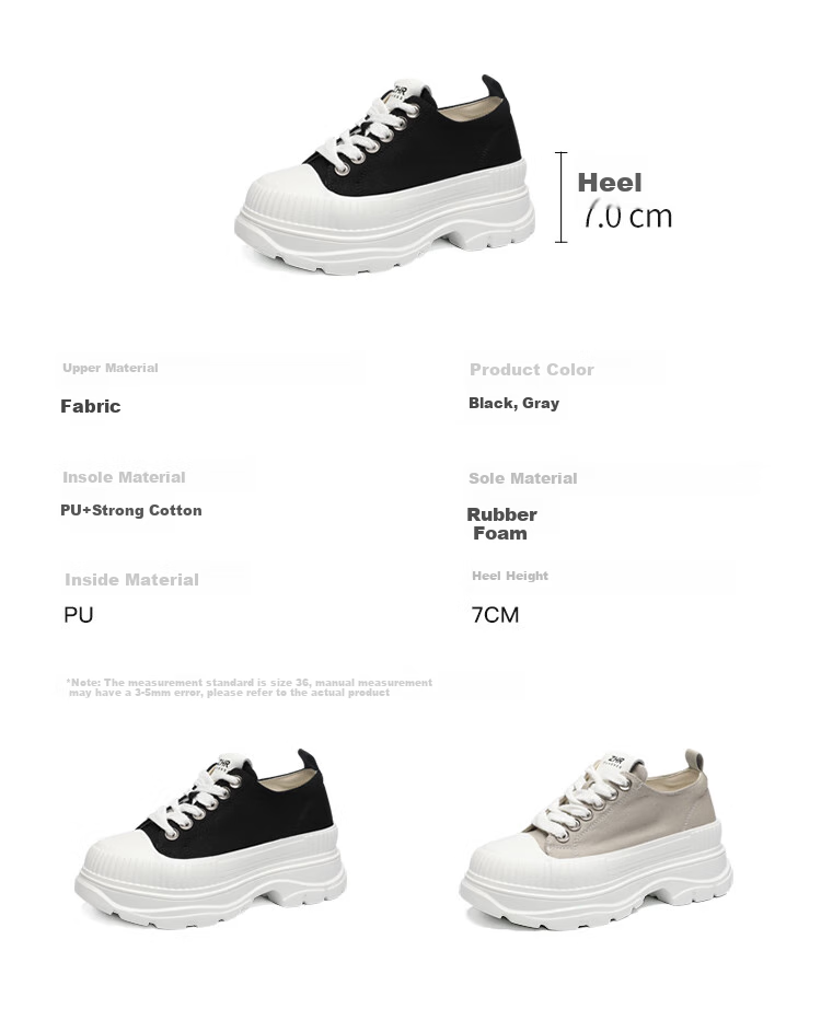 ZHR Canvas Shoes for Women, Lace-Up Thick-Soled Heightening Women's Shoes, Simple Versatile Casual Shoes, QT05 Black, Size 37 5