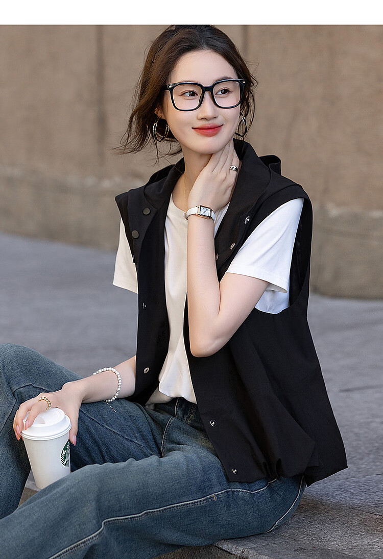 Dme [Minimalist Return] Autumn Simple Style Commuter Hooded Sleeveless Four-Button Casual Jacket Women's Outerwear 3