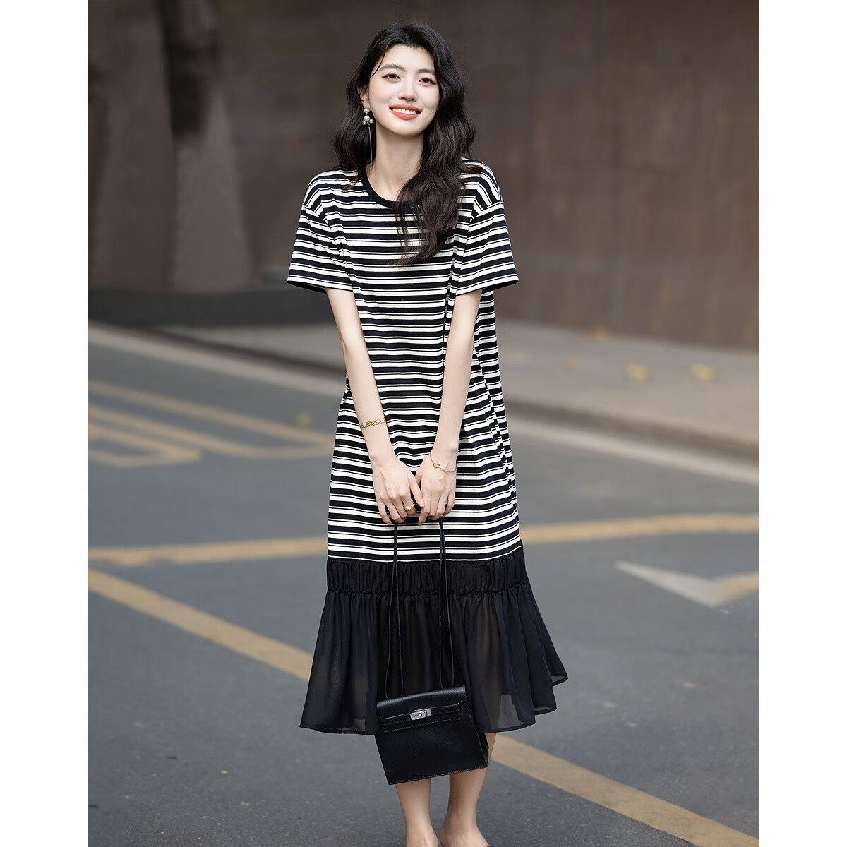 Demana High Elasticity Body-Friendly Summer Ribbed Round Neck Ruched Wave Edge Waistless Five-Sleeve Women's Dress
