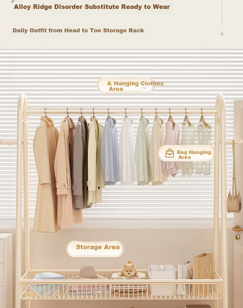 BIX Floor-Standing Clothes Rack for Bedroom, Home Drying Rack, Simple Coat And Hat Stand, Indoor Balcony Floor Pole with Basket, 1.2m White 5