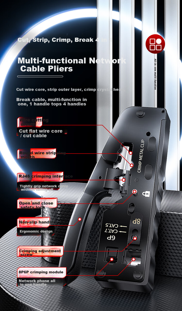 AMPCOM Flagship AMPCOM Category 7 Cable Crimper, Through-Penetrating Swallow-Tail Clip, Cat5e/6/7 Shielded RJ45 Connector Crimping Pliers, 4-In Wire Stripper/cutter/breaker AR728YE 6
