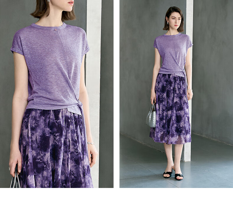 YANYEE Women's Short Sleeve Knit Top 2025 Summer Waist-Tie T-Shirt Purple L 15