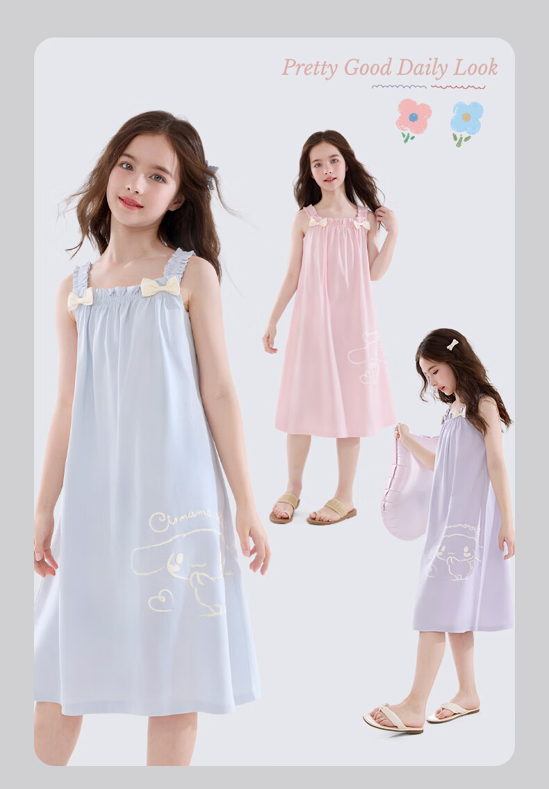 Hello Kitty Girls' Nightgown, Summer Children's Spaghetti Strap Sleepwear, Stylish Princess Dress, for Older Children, Home Wear, G083, Misty Blue, Size 170 7