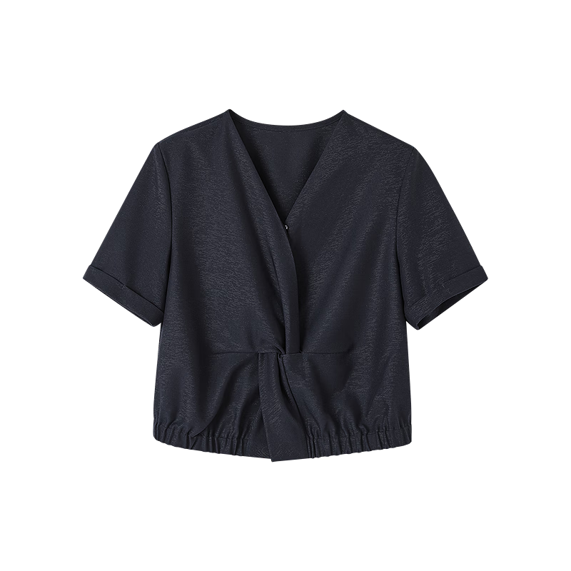 Dme [Straight to The Sky] Autumn TR Bright Silk Faux Denim Shirt, Twisted Elastic Hem Blouse, Women's Top