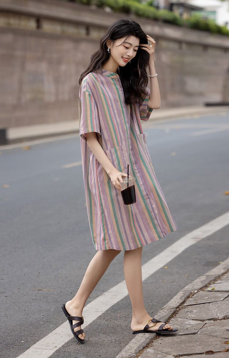 Dme [Healing Class Style] Summer Short Stand-Collar Cotton Lyocell Blend Short-Sleeve Loose Waist Mid-Length Women's Dress 6