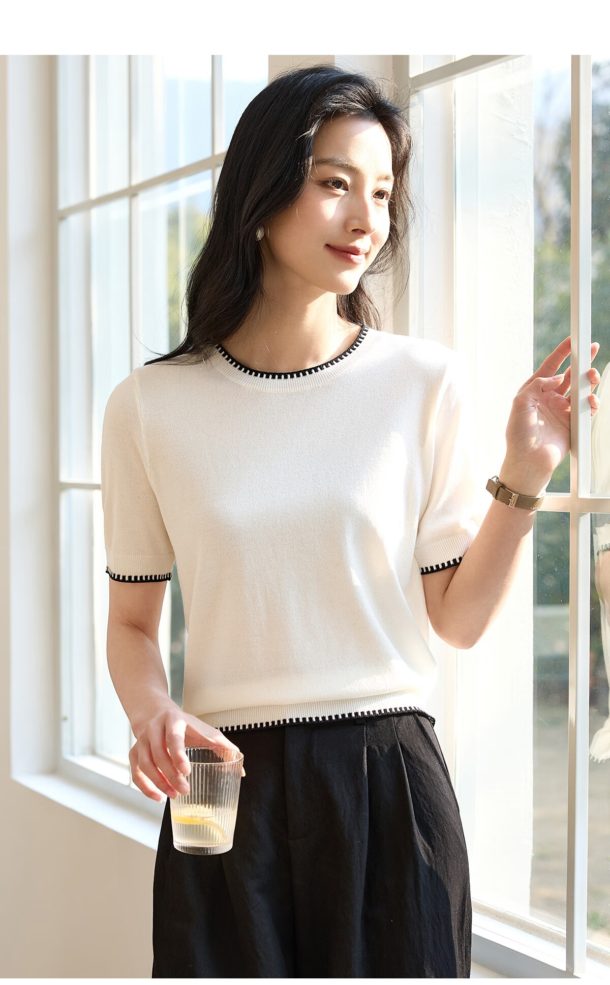 Chushen Summer Knitted Short-Sleeve T-Shirt for Women, Fashionable Round Neck Contrasting Color Design, Simple And Elegant Knitted Top Base Shirt S52T025 27