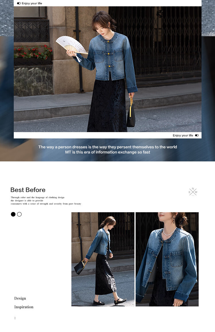 MT New Chinese Style Autumn Exquisite Fashion Small Frog Button Turn-up Sleeve Denim Jacket 2