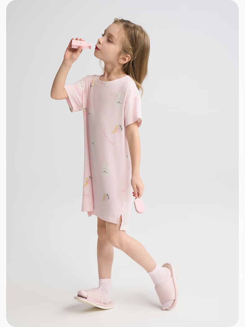 AIMER KIDS Girls' Pajama Set, Milk Skin Fabric, 3A Antibacterial, Summer Short-Sleeve Loungewear, Children's Sleepwear, Pink Bear, Size 140 4