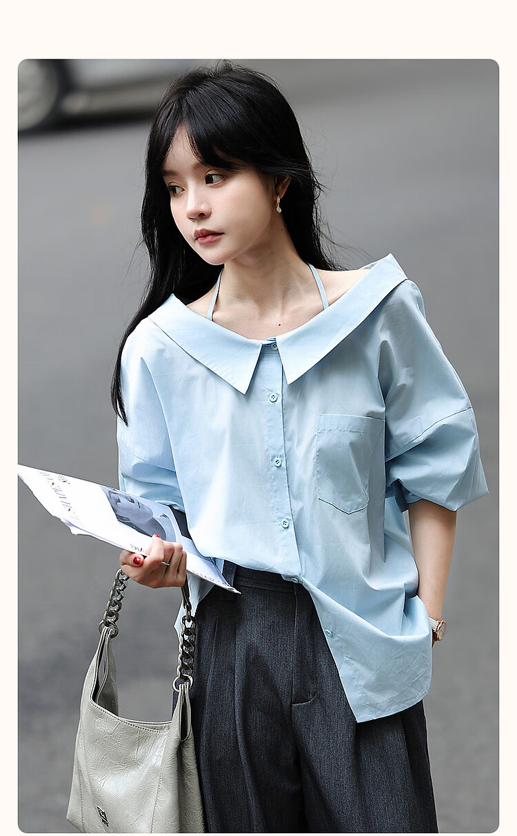 Dme [Pure Cotton Dominant Area] Spring And Autumn Korean-Style Slightly Chubby Pear-Shaped Shirt, Off-Shoulder, Tie-Waist, Concealing Shirt, Women's Top 2