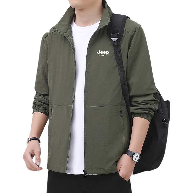 JEEP SPIRIT Men's Casual Versatile Lapel Jacket, Outdoor Sports Loose Coat Top, Army Green, Size L