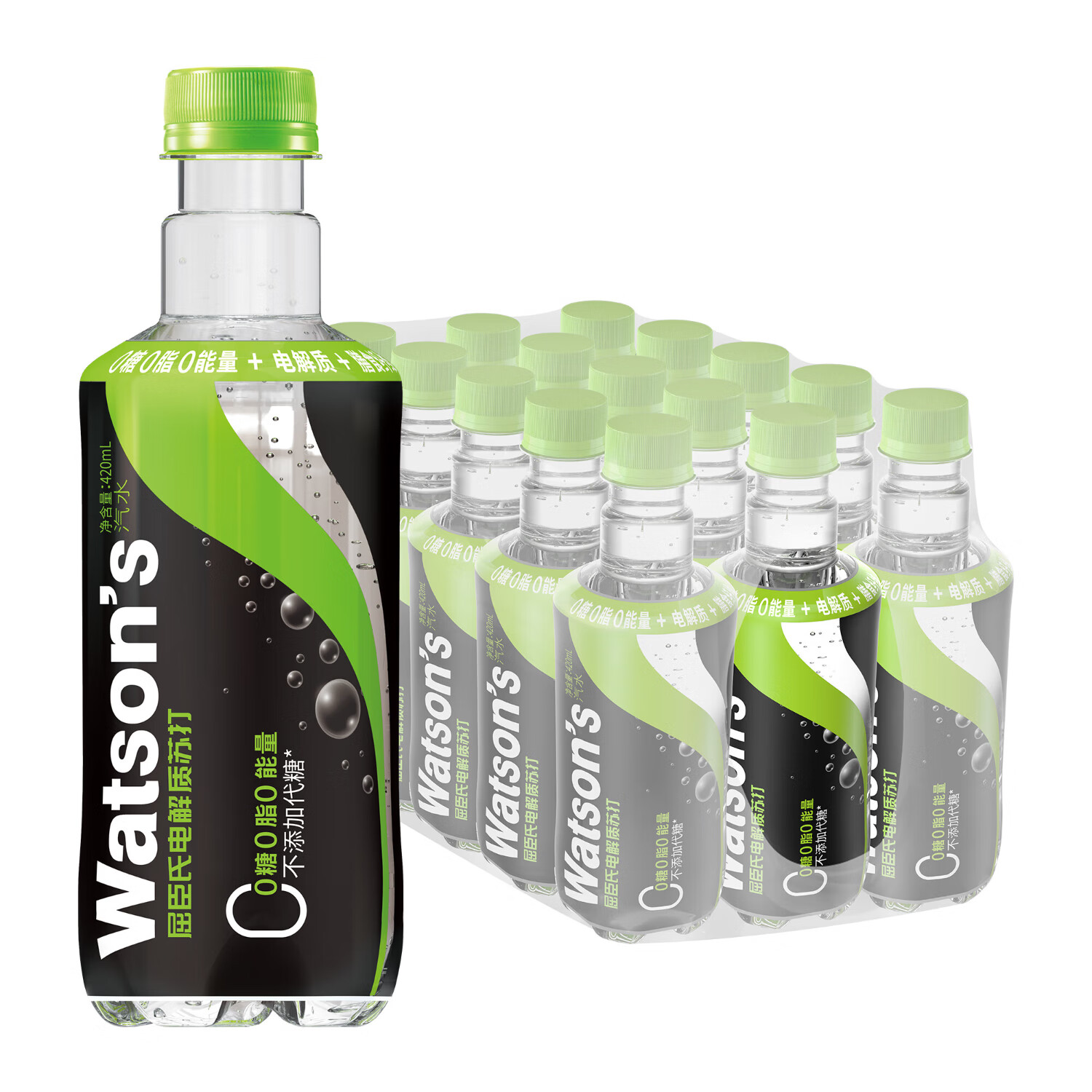 屈臣氏（Watsons）电解质苏打水青提味0糖0卡0脂气泡水无糖功能饮料420ml*15瓶整箱