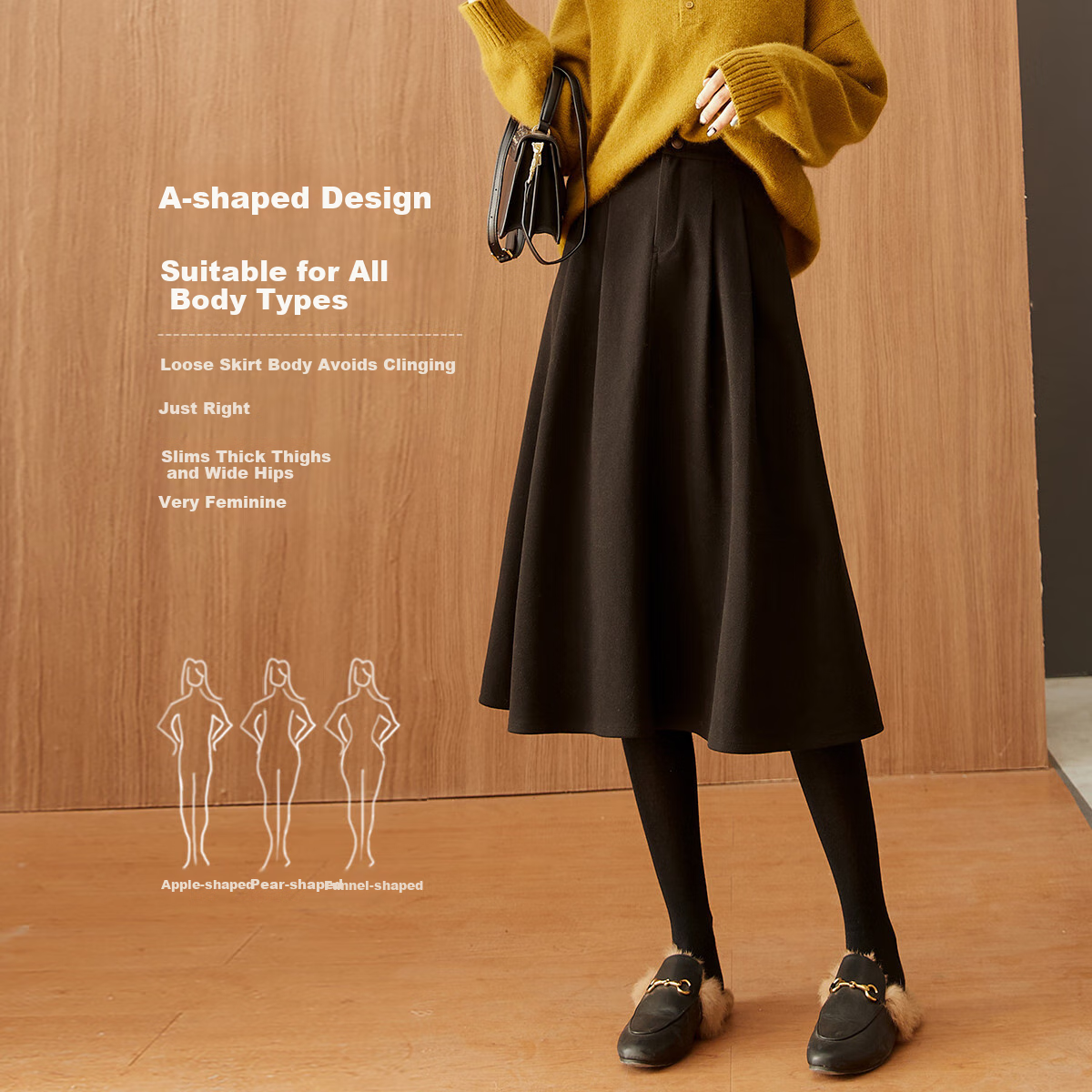 Dme A-Line Skirt, Winter Commute Mid-High Waist Solid Color A-Line Skirt Casual Midi Skirt, Black, M