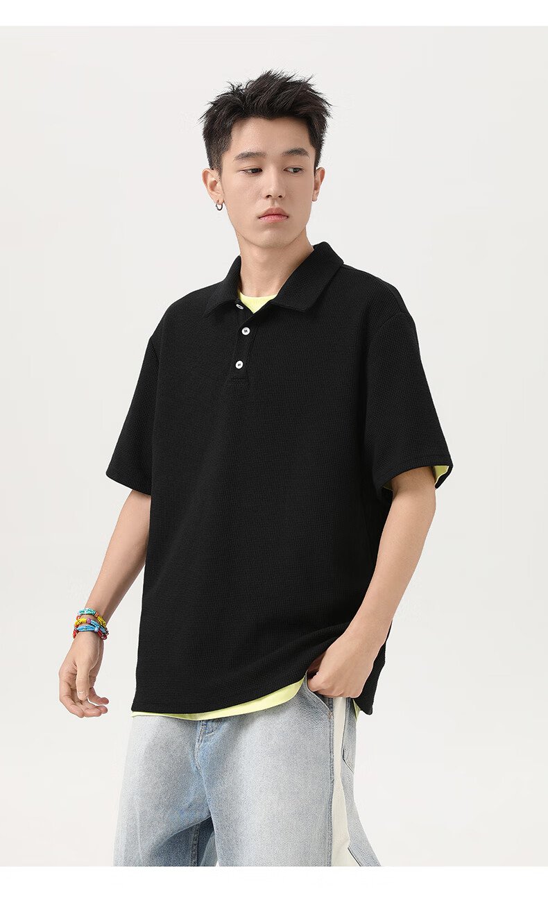 GENIOLAMODE Men's Polo Shirt Short Sleeve Summer Heavyweight 220G Waffle Texture High-End T-Shirt Light Gray 3XL 12