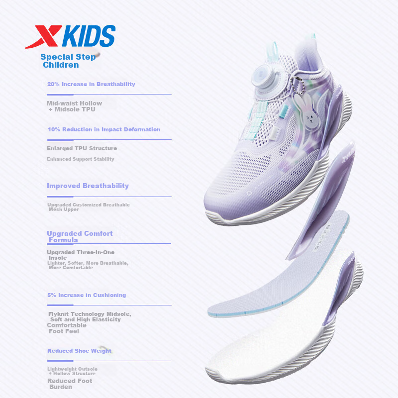 XTEP Children's Hydrogen Wind 5.0 Kids' Multi-Color Breathable Knob Running Shoes, Light Purple/snow Purple, Size 37