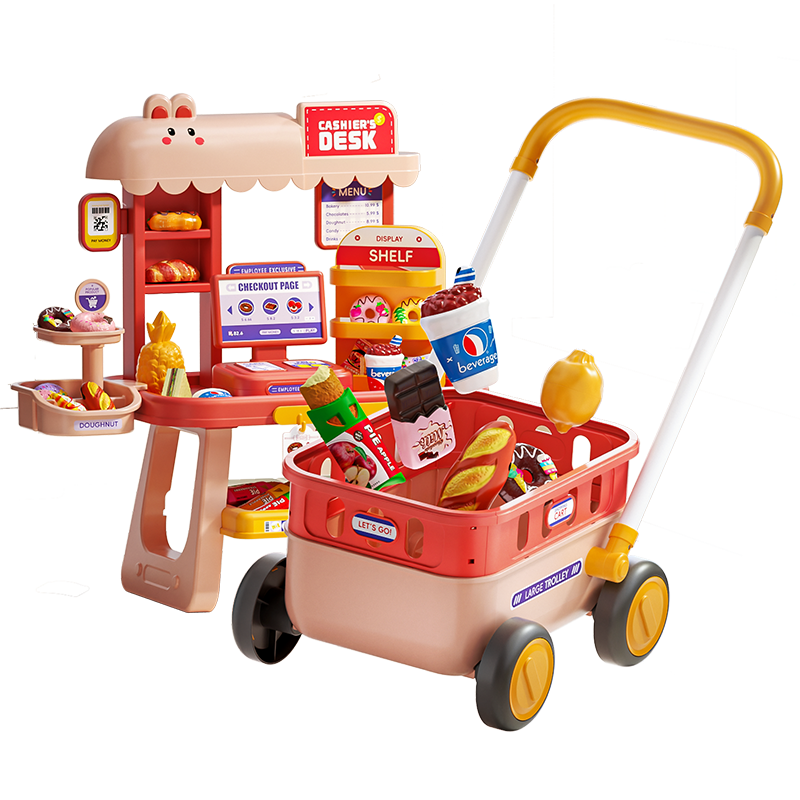 AoZhiJia Children's Girls' Toy Kitchen Cooking Pretend Play Shopping Cart Fruit Vegetable Cutting Playset Cash Register Birthday Gift