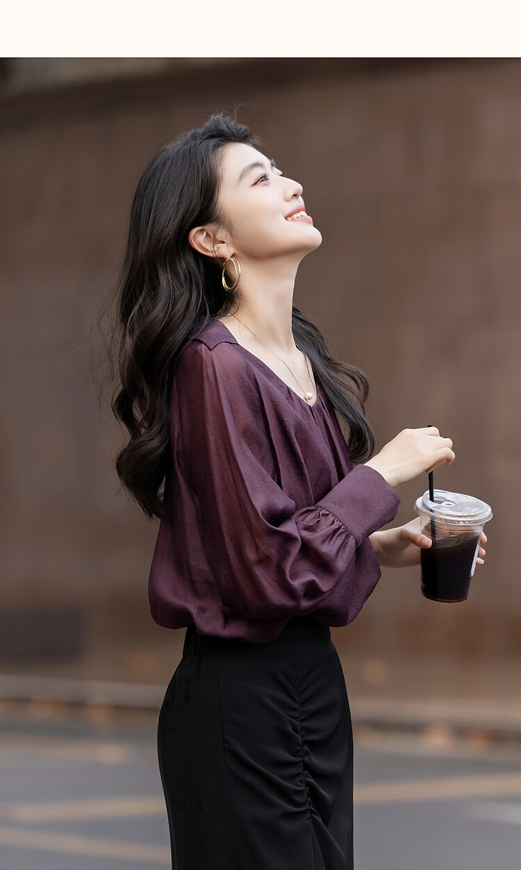 Dme [Monet Purple Series] Autumn Wrinkled Shiny Silk Blouse, Pleated V-Neck Short Front Long Back Shirt, Women's Top 12