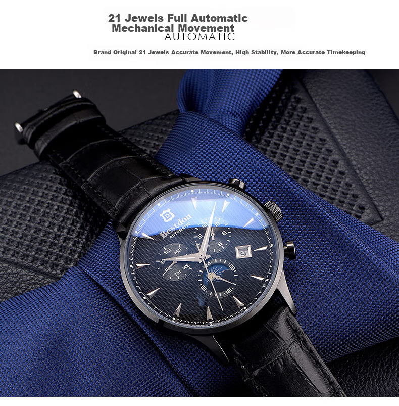 Bestdon Men's Fully Automatic Mechanical Watch, Water-Resistant, Trendy Wristwatch Gift Box for Me 11