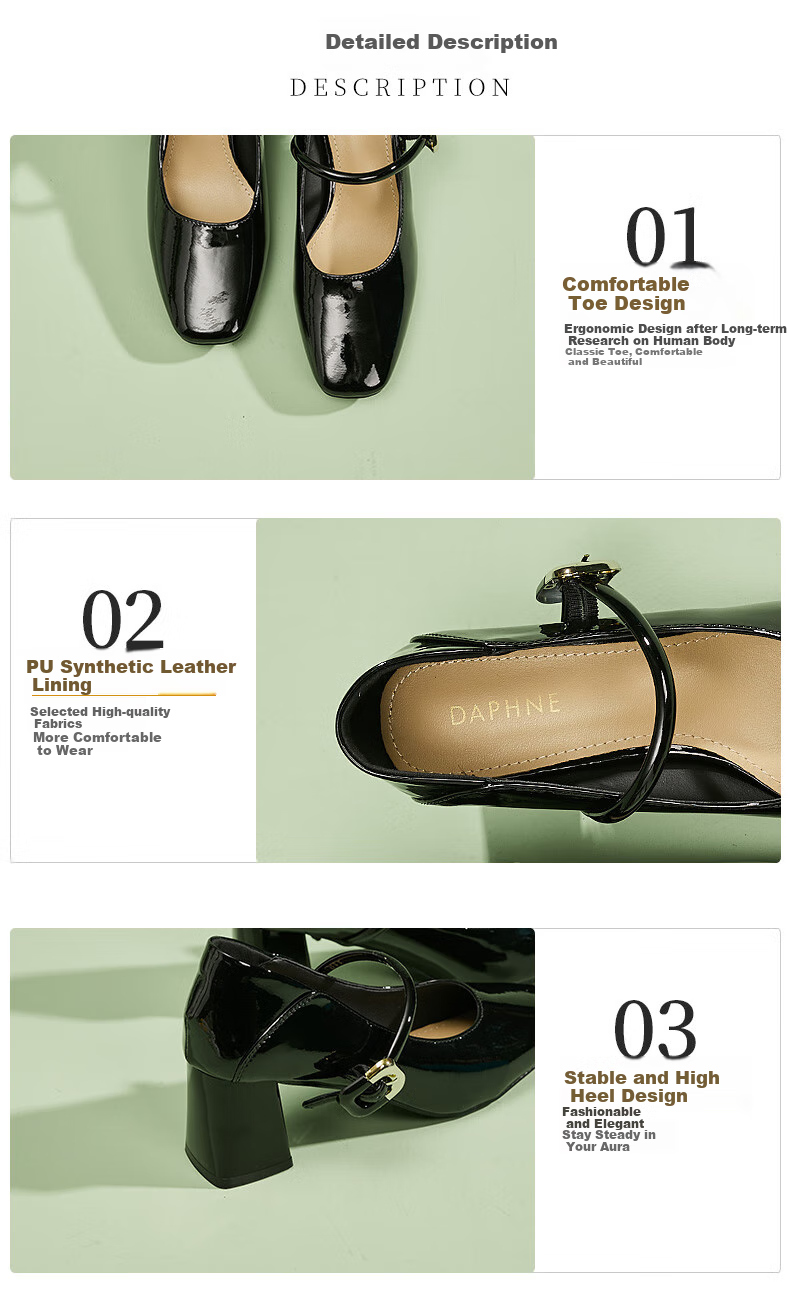 DAPHNE French Mary Jane Shoes for Women, Chunky High Heel, Single Strap, Leather Shoes, Commuter Soft-Soled Flats, Beige, Size 35 2