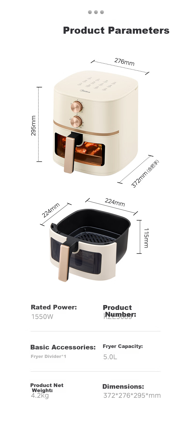 Midea Air Fryer, Transparent View, No-Flip Design, 7L Large Capacity, Multi-Functional, Oil-Free, Crispy on The Outside And Tender on The Inside, Non-Stick, Easy to Clean, Electric Fryer Oven MF-KZE7001 18