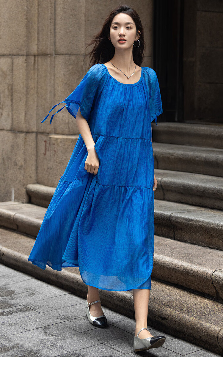 Dme Relaxed Fit Round Neck Long Dress Summer Vacation Fabric Textured Sleeve Cuff Drawstring Design Dress 3