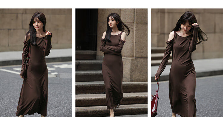 Mt [Nanfa Jingshuo] Spring French Elegant Style, Off-Shoulder Long Sleeve, High Elasticity Slim Fit Long Dress for Wome 3