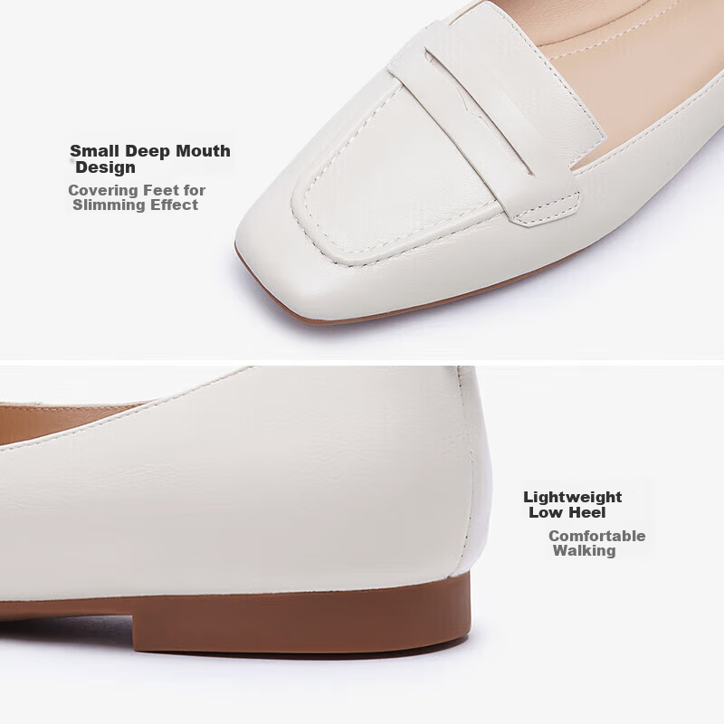 Le Saunda Spring/Summer 2026 New Fashion Square Toe Commuter Leather Shoes, Low Heel Loafers, Women's Flats 01218, Beige CRK, Size 34
