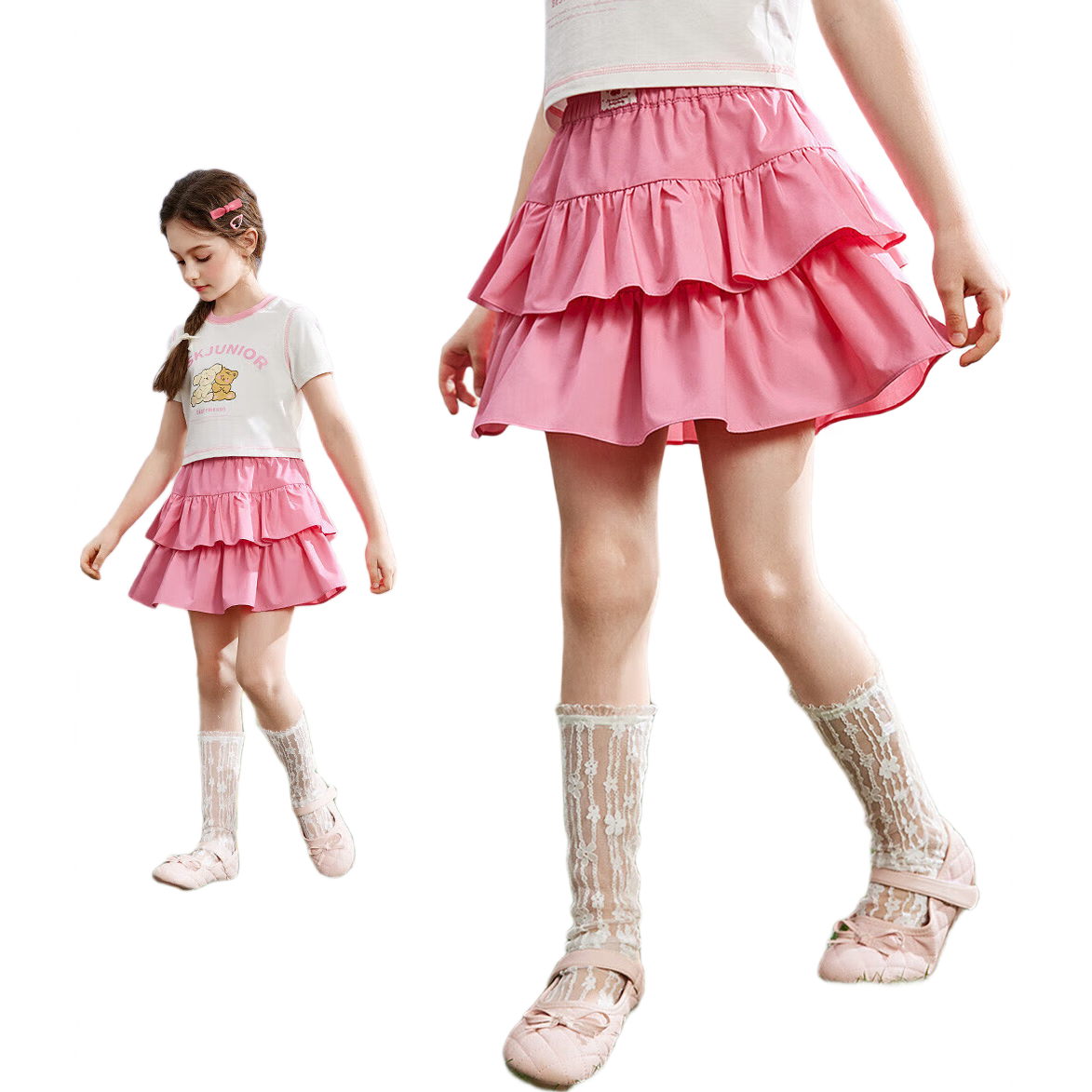 ASK JUNIOR Puffy Skirt Girls' Summer Dress Fashionable Versatile Double-Layered Skirt Sweet Stylish Children's Princess Dress Pink 110