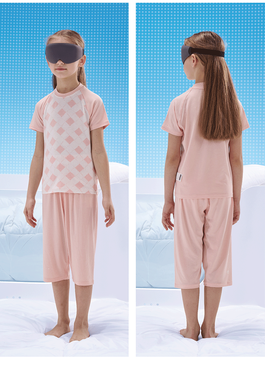 Hinos Children's Quick-Dry Casual Short-Sleeve T-Shirt And 7/8 Length Shorts Set, Indoor Checkered Loungewear, Size 110 Pink And Blue Set 6