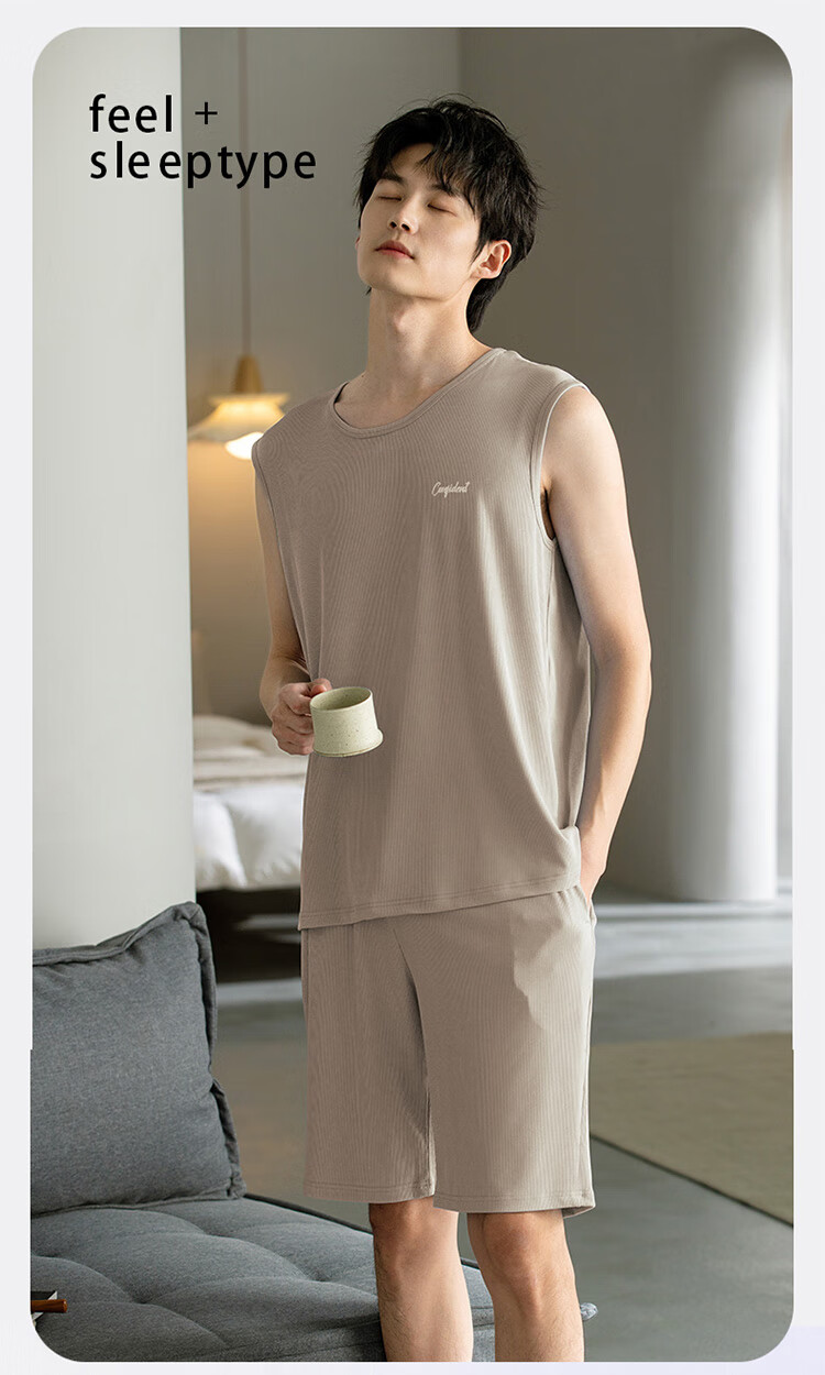 XUEXIMAN Men's Summer Pajamas, Ice Silk Cool-Feeling Sleeveless Tank Top Vest, Casual Loose Loungewear Set 1