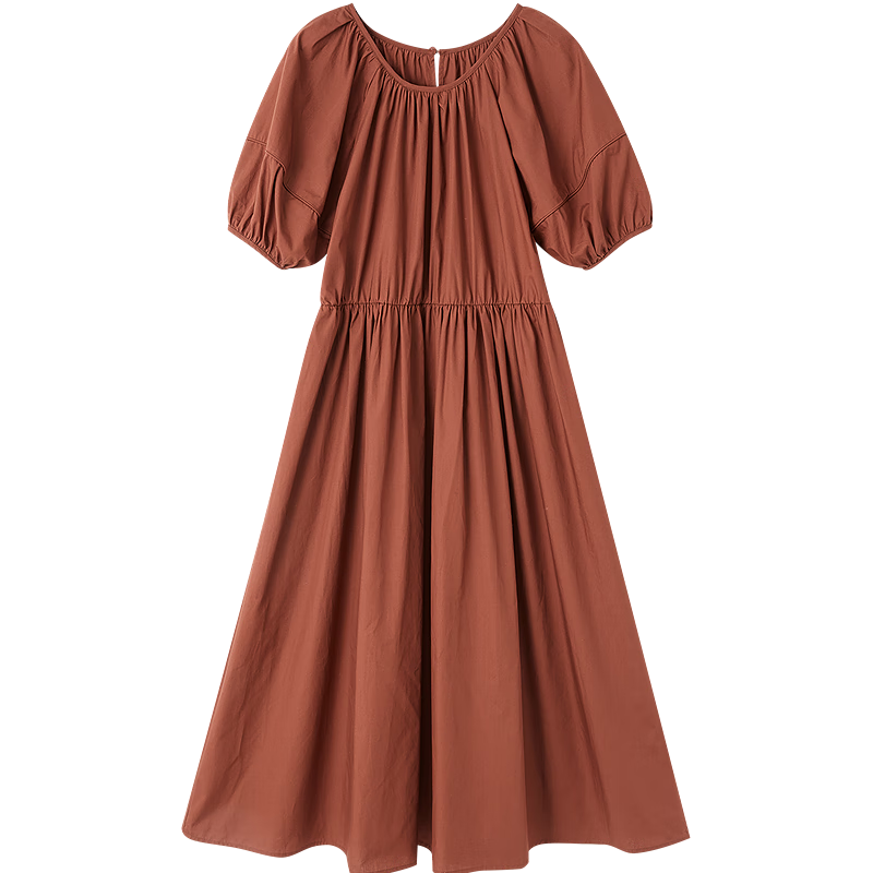 Dme [Klein Blue] Summer French Pure Cotton Pleated Loose Waist Puff Sleeve A-Line Mid-Length Women's Dress