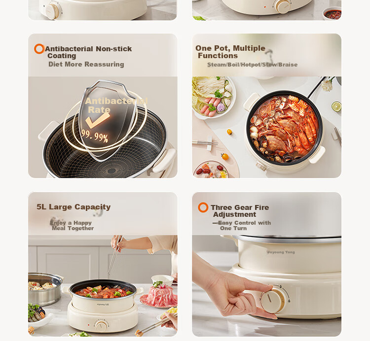 Joyoung Household 5L Large Capacity Electric Hot Pot And Steamer, Upper Steaming Lower Cooking Detachable Design, Specialized Hot Pot, Multifunctional Electric Cooking Pot HG50-G525S with Steamer Basket 9
