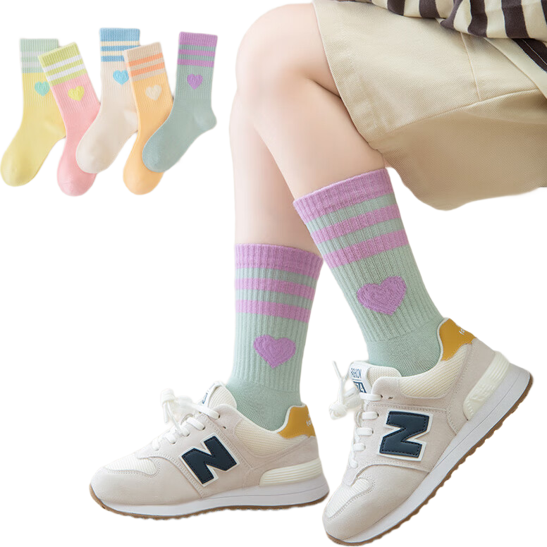 YUZHAOLIN 5 Pairs Dopamine Girls' Socks Spring Summer Mid-Large Kids Princess Cute Cotton Mid-Calf Trendy Socks