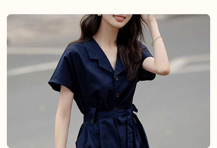 Dme [Smooth Linen Cotton Bamboo Blend] Summer Elegant Office Wear Lapel Tie Three-Button Short-Sleeve Women's Dress 2